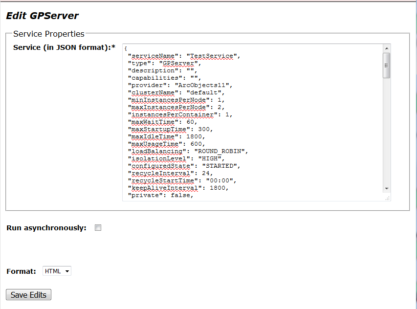 Propriétés du service au format JSON