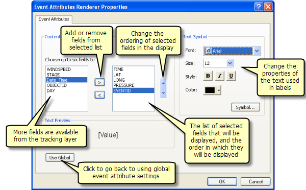 Event Attributes Renderer Properties dialog box