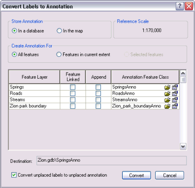 Boîte de dialogue Convertir les étiquettes en annotations