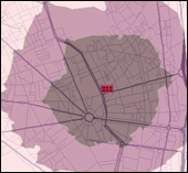 Zones de desserte, en distance sur route, le long d'un réseau