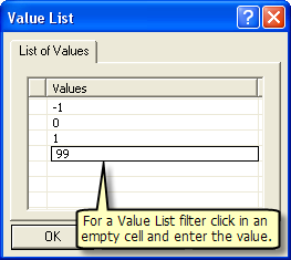 Filtre Liste de valeurs