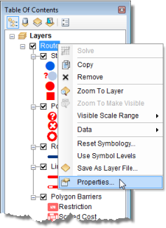 Ouverture de la boîte de dialogue Propriétés de la couche pour l'analyse de réseau depuis la Table des matières