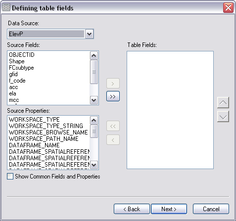 Defining table fields dialog box