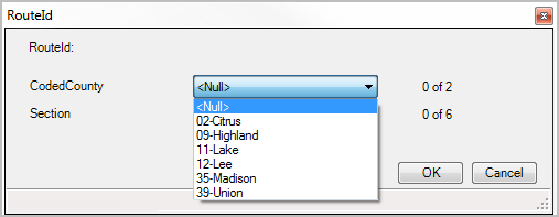 RouteId dialog box when coded domain values are used