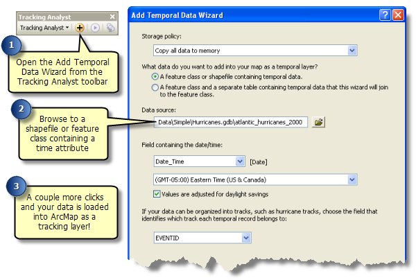 The Add Temporal Data Wizard makes it easy to add temporal data as a tracking layer