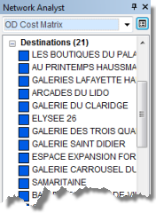 Destinations répertoriées dans la fenêtre Network Analyst Destinations répertoriées dans la fenêtre Network Analyst