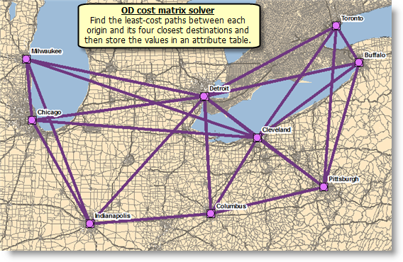 Résultat de la matrice de coût OD configurée pour trouver les quatre destinations les plus proches Résultat de la matrice de coût OD configurée pour trouver les quatre destinations les plus proches