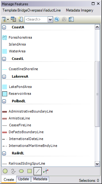 The Create tab in the Manage Features window The Create tab in the Manage Features window
