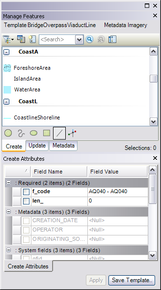 The Manage Features window and a corresponding attributes window The Manage Features window and a corresponding attributes window