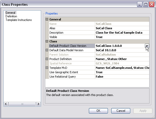 Example of the Default Product Class Version property in the Class Properties dialog box Example of the Default Product Class Version property in the Class Properties dialog box