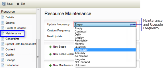 Description de la fréquence de mise à jour des données de l'élément sur la page Maintenance disponible sous l'en-tête Ressource