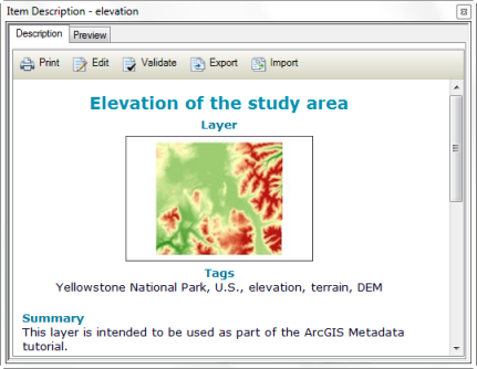 Vous pouvez afficher les métadonnées d'un élément dans la boîte de dialogue Description de l'élément.