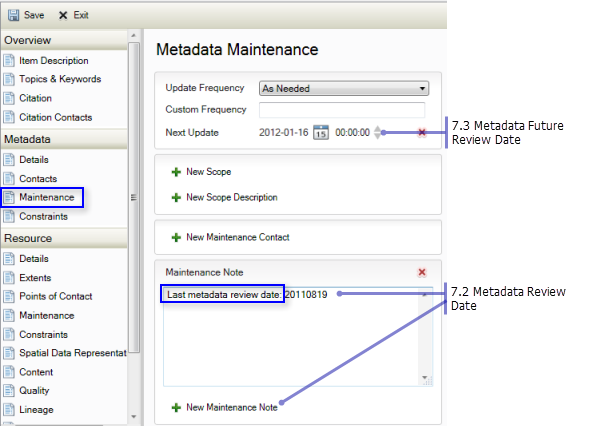 Metadata Maintenance page: Metadata Review Date and Metadata Future Review Date