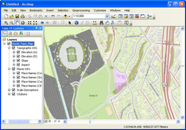 Interface utilisateur d’ArcMap montrant la table des matières et une carte