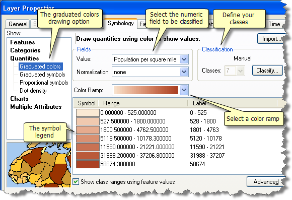 Utilisation de couleurs graduées pour représenter la densité de population par comté