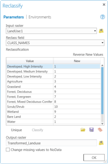 Reclassify dialog box for weighting land use