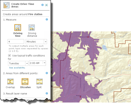 Using the Create Drive-Time Areas tool to find areas within four minutes of a fire station