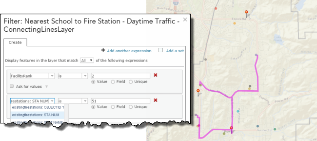 Filter dialog and parameters to select ConnectingLinesLayer where FacilityRank is equal to 2