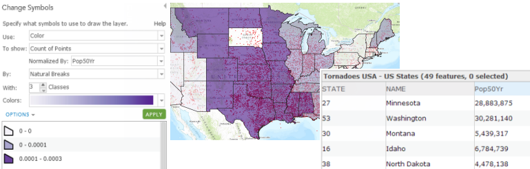 Change Symbols dialog box and map of normalized tornado count