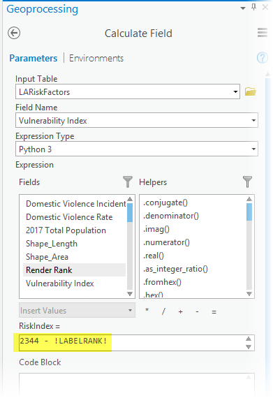 Create a vulnerability index from the risk rankings.