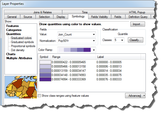 Symbology tab on the Layer Properties dialog box to normalize by population