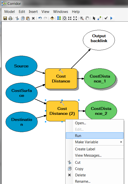 Running the second Cost Distance tool for the Destination