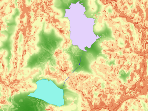 Least-cost path connecting the source and destination displayed over the cost surface