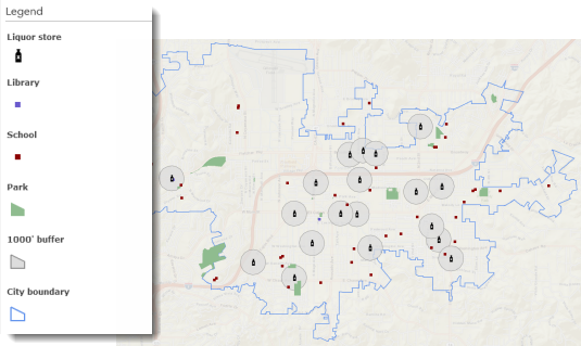 Map showing 1,000-foot buffers around liquor stores in the city, with locations of schools, parks, and libraries