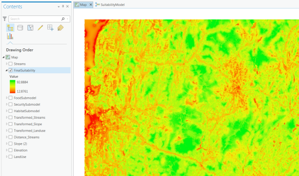 FinalSuitability layer displayed using the red-to-green stretch renderer