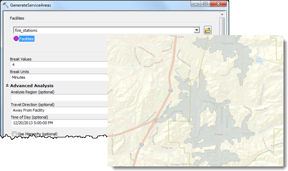 Where to set the time of day and day in the GenerateServiceAreas service