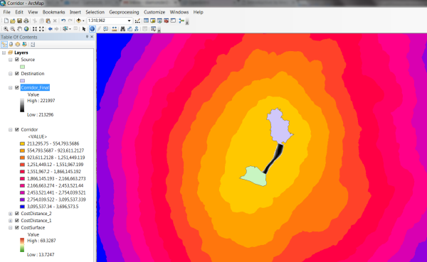 Resulting corridor from Extract by Attribute displayed with Source and Destination over the corridor surface