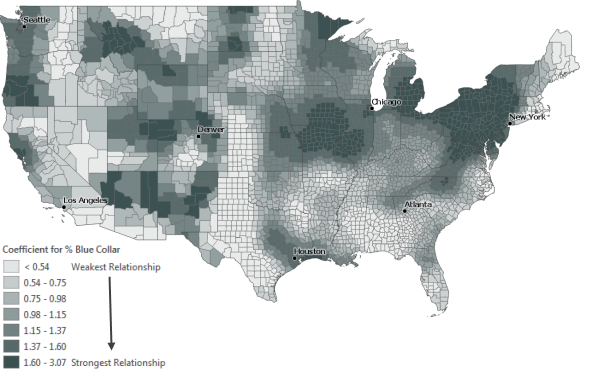 Map of GWR coefficients for % blue-collar workers