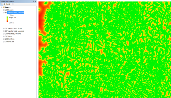 Rescaled distance from streams output layer