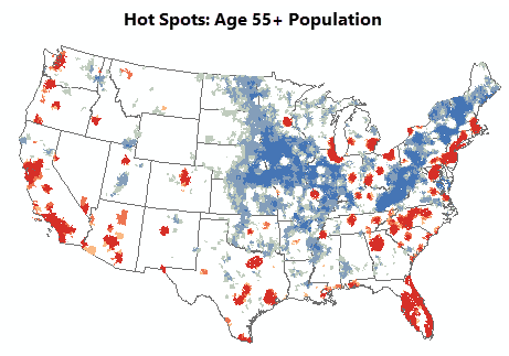 Projected 55+ population hot spot analysis results