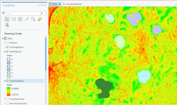 Final NewRegions and ExistingRegion layers displayed over the final suitability surface