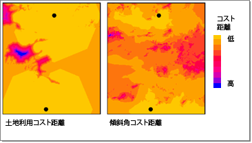 異なるコスト要因から派生した 2 つのコスト距離マップ