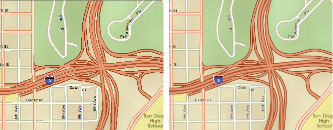 ArcMap に表示された道路地図（左）と、マップ サービスとして表示された道路地図（右）