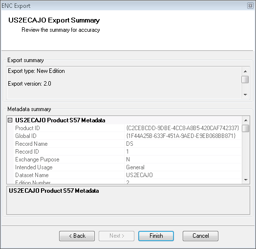 ENC Export dialog box—Export Summary area ENC Export dialog box—Export Summary area