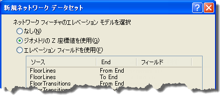 エレベーションをモデリングするための [新規ネットワーク データセット] ウィザード ページ