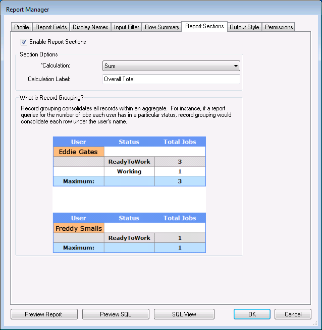 Grouping/Summary on the Report Sections tab