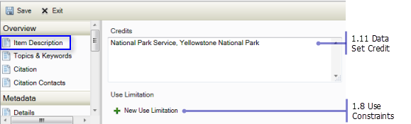Overview Item Description page: Data Set Credit and Use Constraints