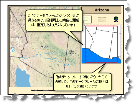 概観図と、その右側に小さなマップが表示されている例。小さなマップの範囲はメイン データ フレームの範囲に基づいており、0.1 インチの余白が含まれています。