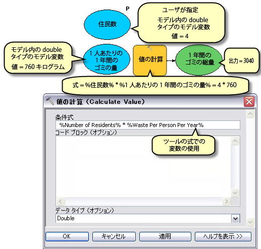 [値の計算 (Calculate Value)] ツールでのモデル変数の使用