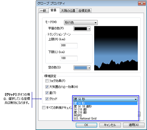 背景の表示設定に使用する ArcGlobe の [グローブ プロパティ] ダイアログ ボックス