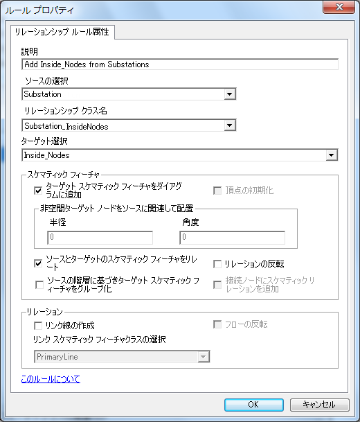 Substation スケマティック フィーチャに関連付けられた Inside_Nodes を追加するよう指定されたリレーションシップの [ルール プロパティ] ページ