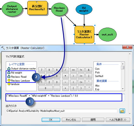 変数とレイヤーを用いた式を使用するラスター演算 (Raster Calculator) ツール