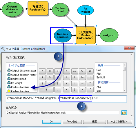 変数を用いた式を使用するラスター演算 (Raster Calculator) ツール