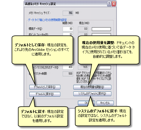 ArcGlobe の [高度なメモリ キャッシュ設定] ダイアログ ボックス