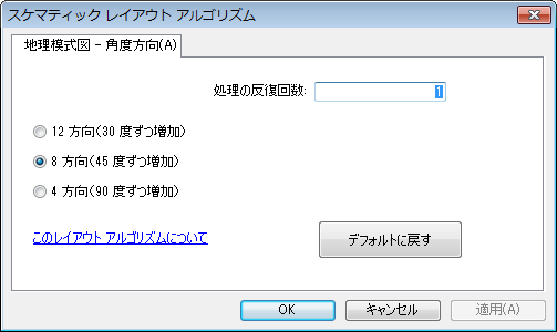 [地理模式図 - 角度方向] のプロパティ タブを示した [スケマティック レイアウト アルゴリズム] ダイアログ ボックス