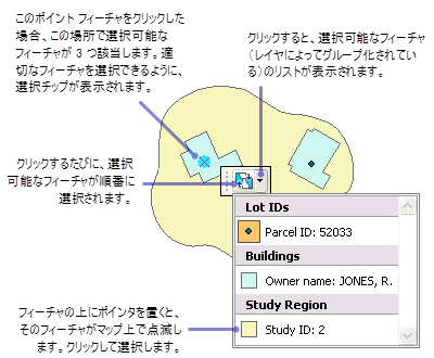 選択可能な複数のフィーチャが重なっている場所をクリックしたときに表示される選択チップの使用